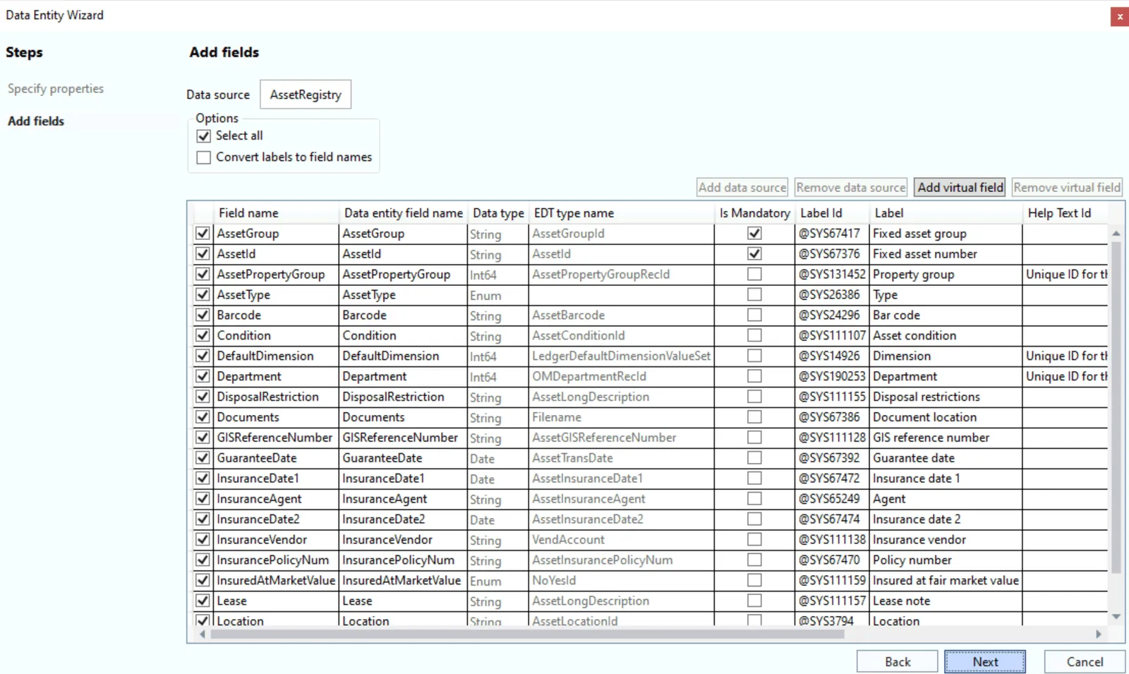 Data entity add fields