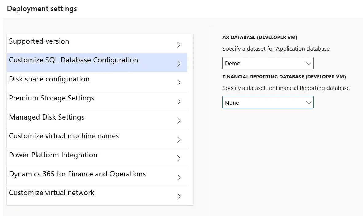 Screenshot: Customize SQL Database Configuration