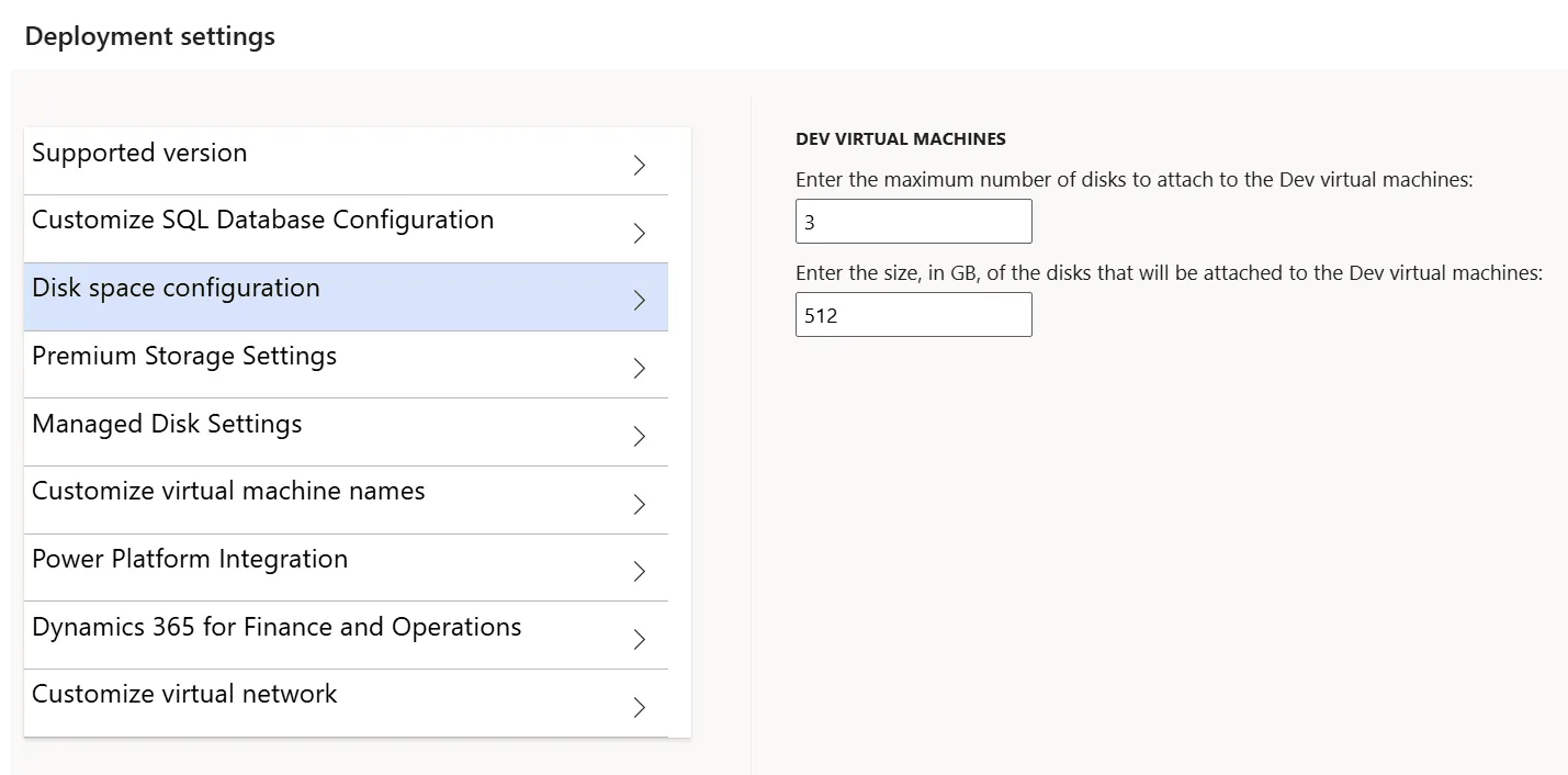 Screenshot: Disk space configuration