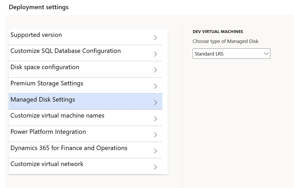 Screenshot: Managed Disk Settings
