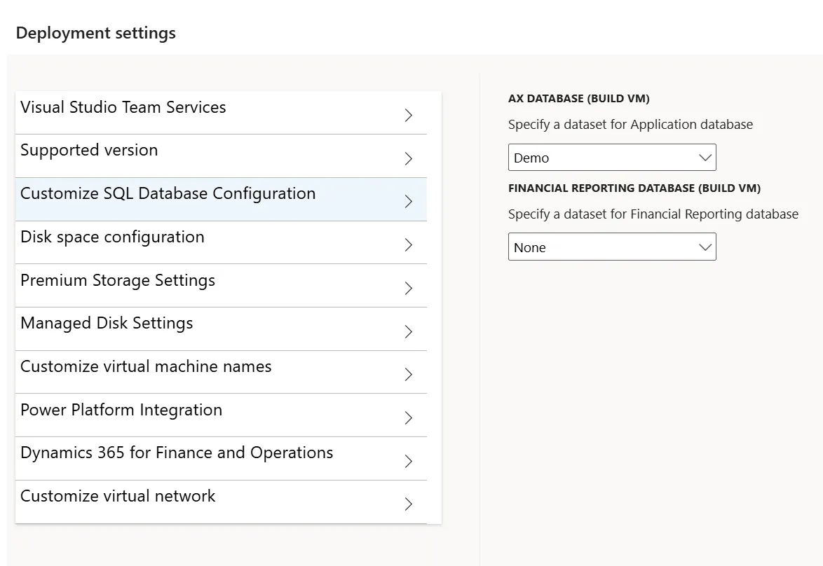 Screenshot: Customize SQL Database Configuration